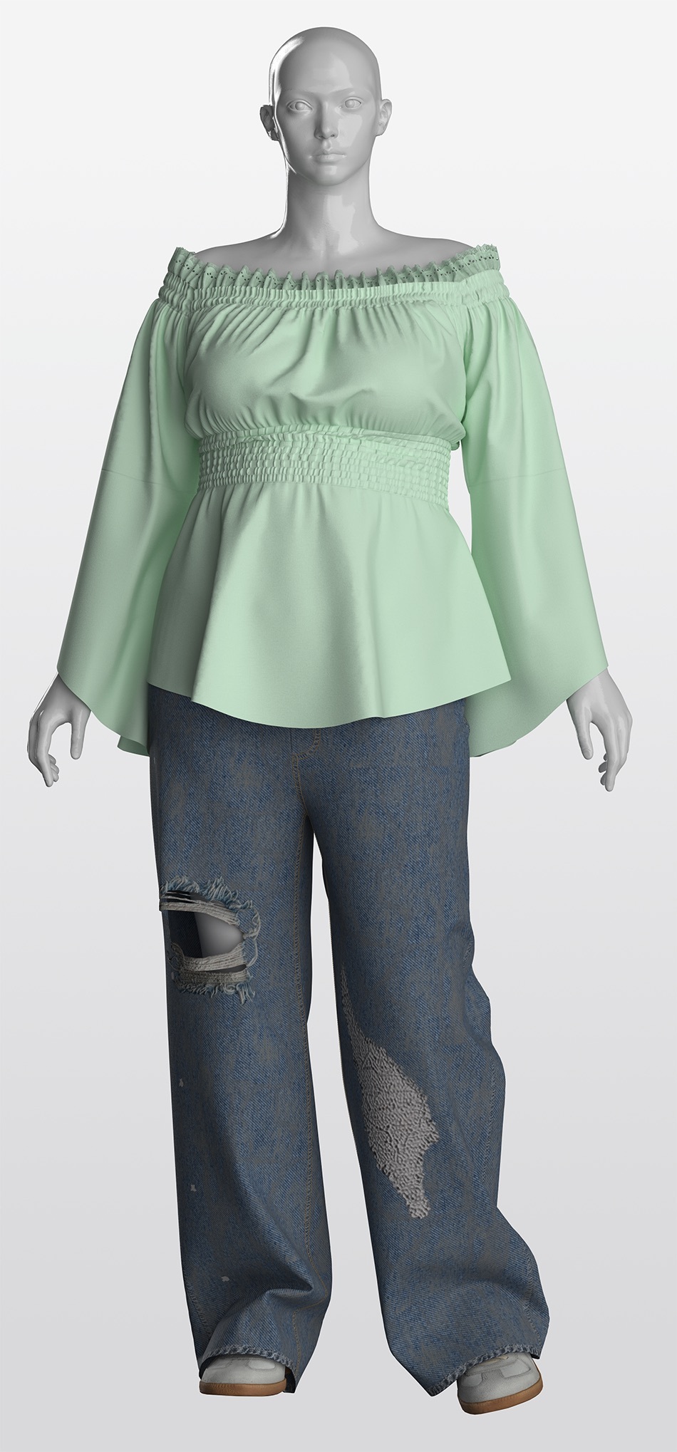 Mannequin wearing mint green off-shoulder top with elasticated waist and bell sleeves, paired with distressed blue denim jeans.