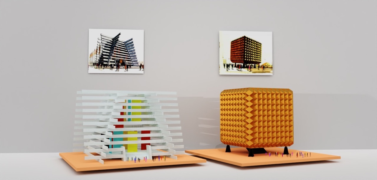 Expo 70 Render, two abstract building renders below illustrations with small-scale people.