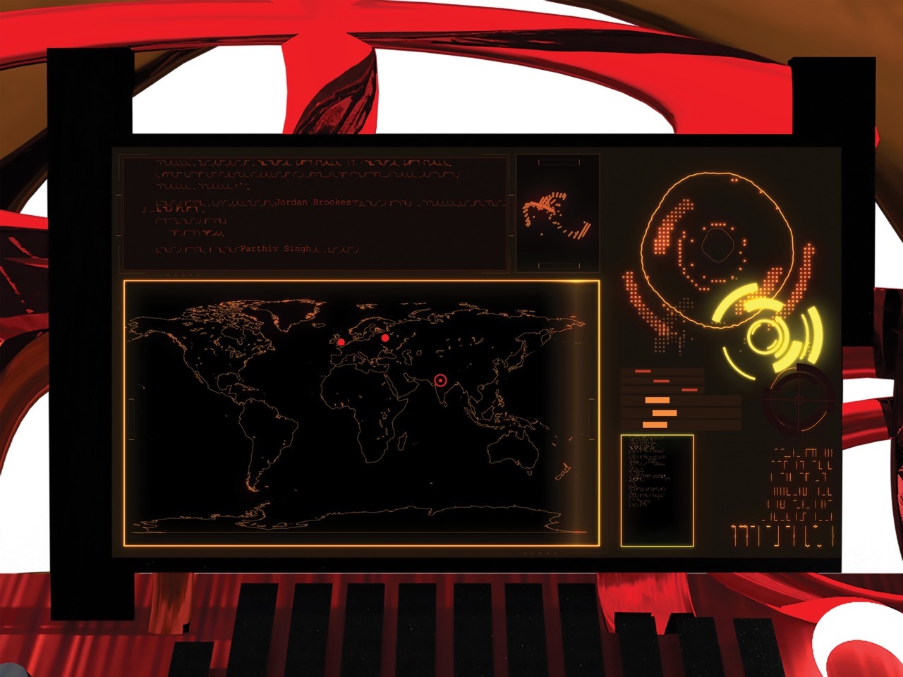 A close-up of the alien computer interface machine displaying the targeting system that is highlighting different locations on Earth.