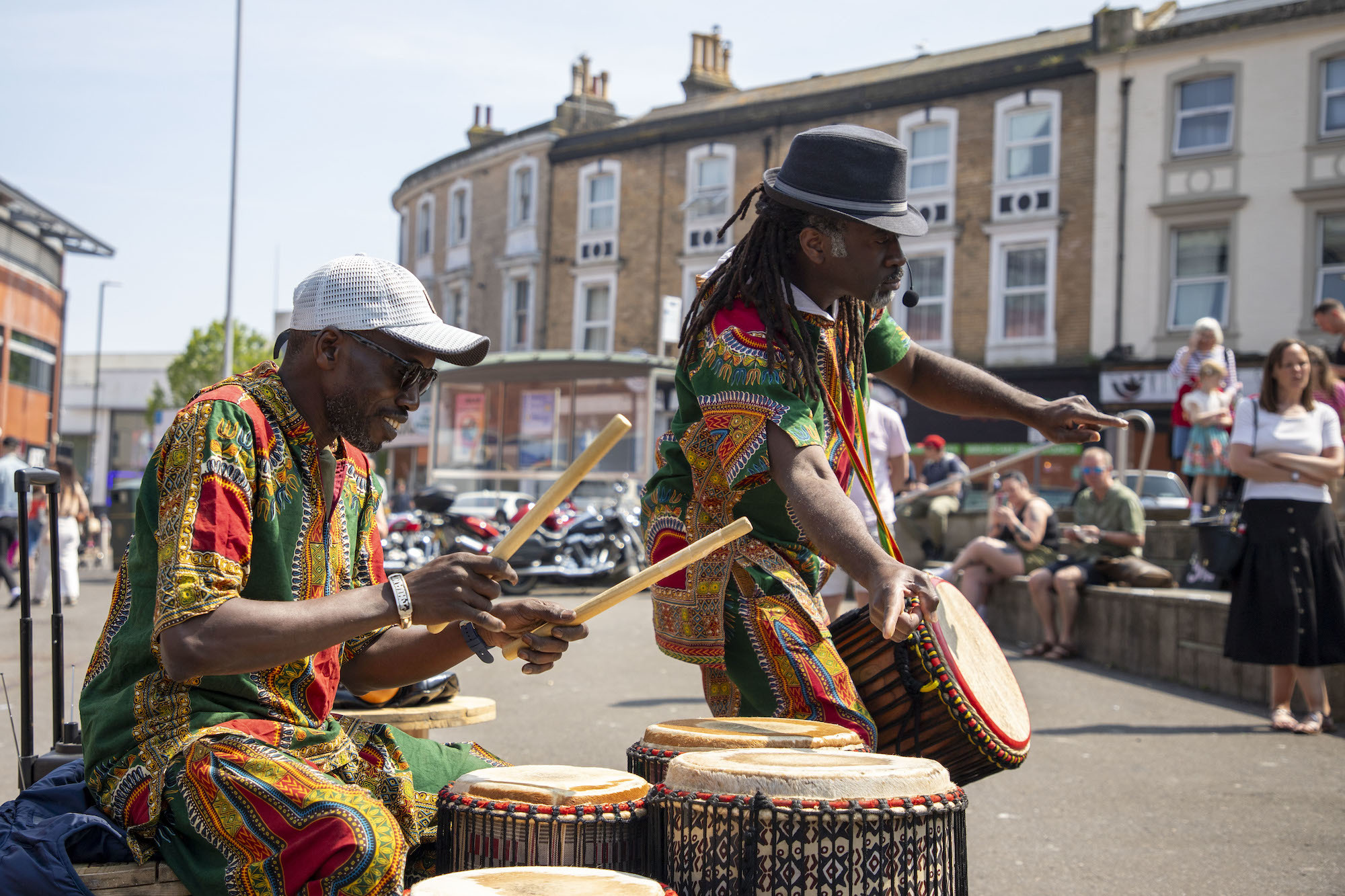 Two drummers performing at the 2024 Alice in Spring event in Bournemouth.