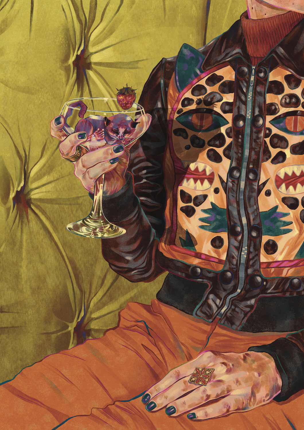 Colourful illustration of a person holding a cocktail with a creature inside, wearing a patterned bomber jacket and orange trousers, yellow-cushioned background.