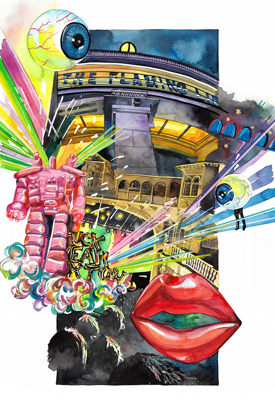 An artistic illustration featuring a vibrant mix of elements, including a building with large arches, colourful rays emanating from it, a large set of lips, a robot, and multiple floating eyes. The background includes dark, swirling patterns.