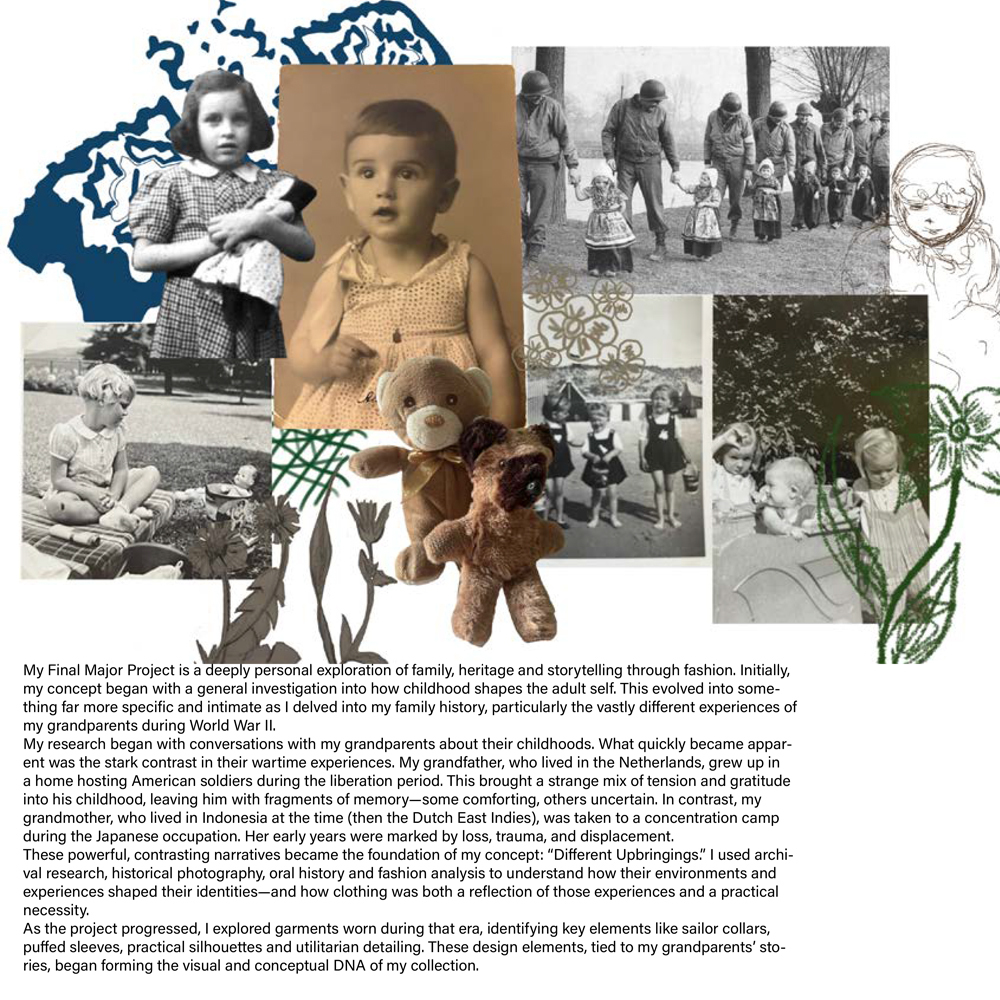 Collage with blue world map, vintage family photographs, sepia-toned children's portraits, teddy bear, green botanical illustrations, and overlapping rectangular frames in monochrome and colour.
