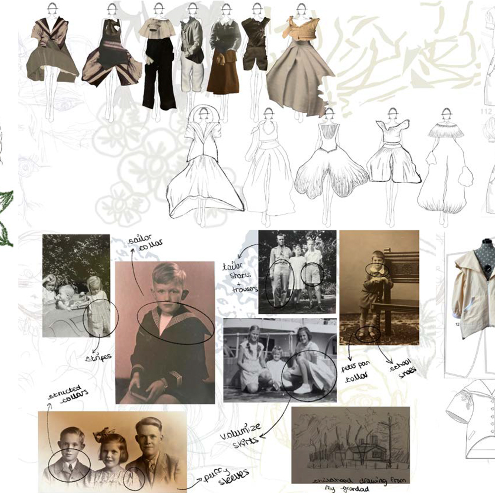 Fashion design mood board with figure sketches in brown, green, and beige tones above, vintage photographs and colour swatches below.