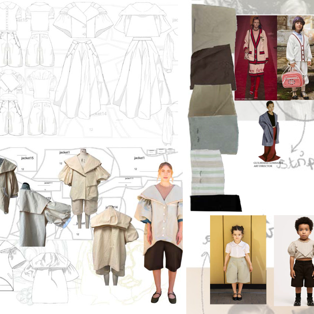 Fashion design mood board with technical sketches, fabric swatches in grey and green tones, and photographs of people wearing various garments.