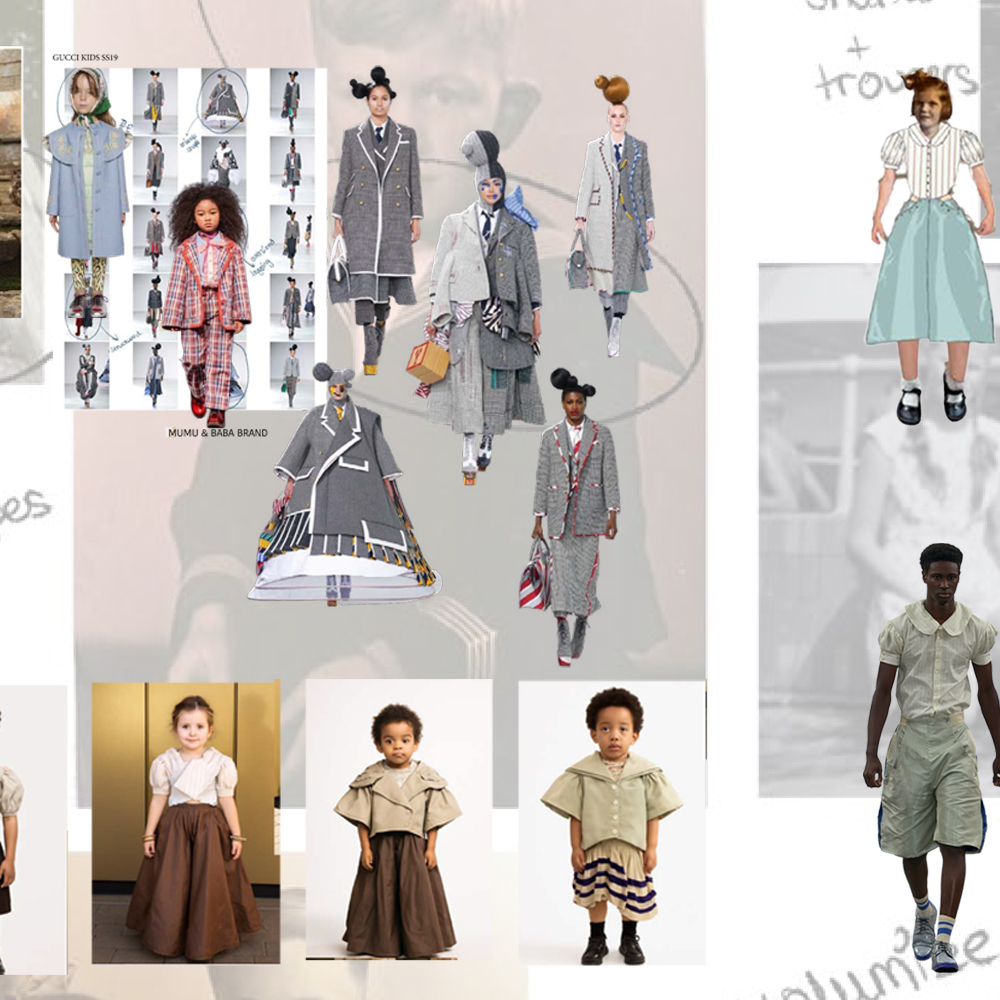 Fashion mood board with children's clothing designs in muted tones, featuring models in grey, brown, and mint garments arranged in collage style.