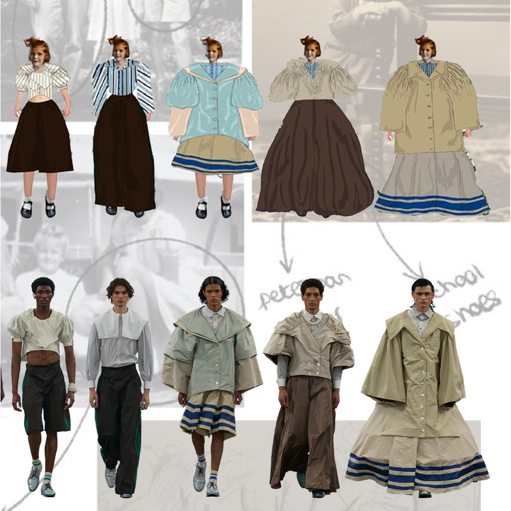 Fashion illustration showing 10 figures in two rows wearing vintage-inspired outfits in brown, green, blue and white tones with striped accents.