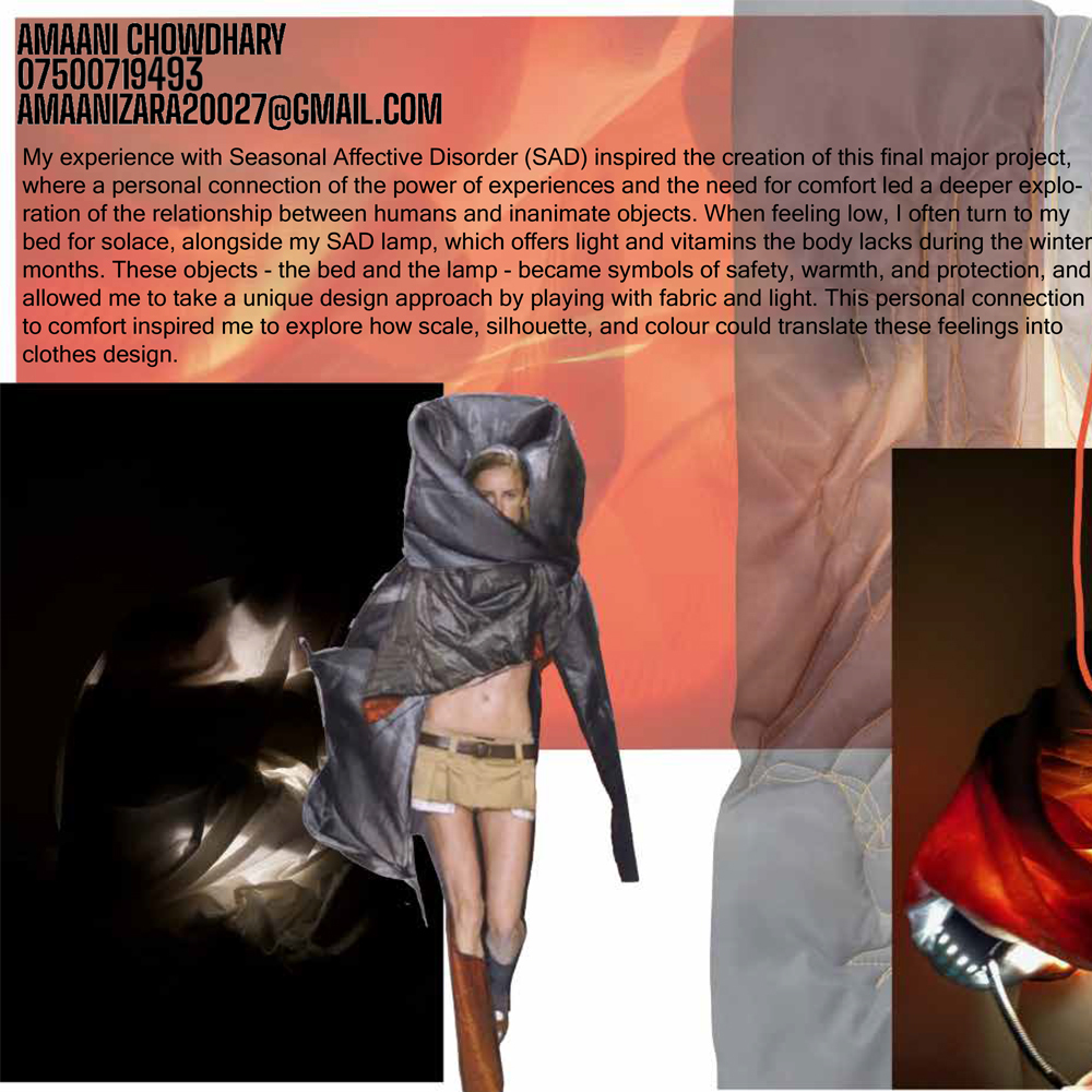 Fashion design project poster showing model in grey hooded garment with orange, pink and white geometric background panels.