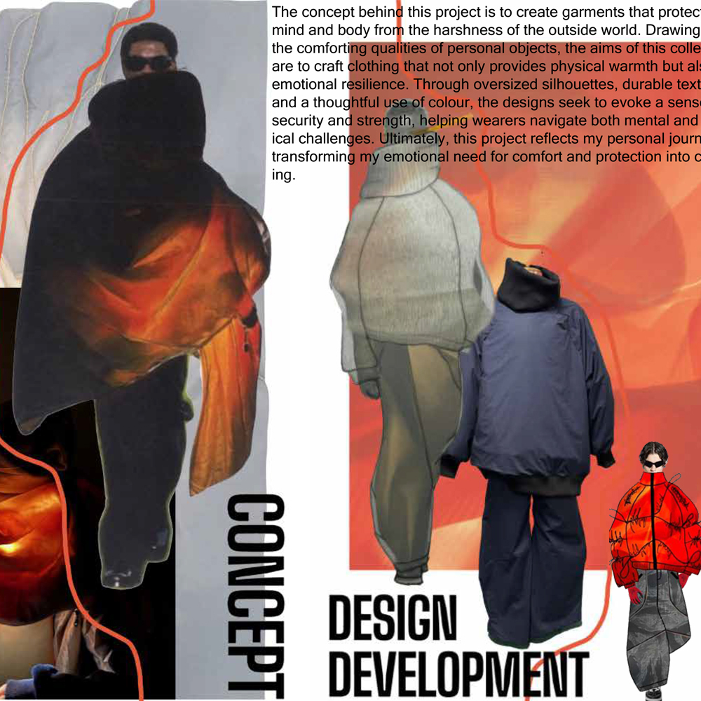 Collage with orange gradient background, silhouetted figures in oversized clothing, text reading "CONCEPT" and "DESIGN DEVELOPMENT".