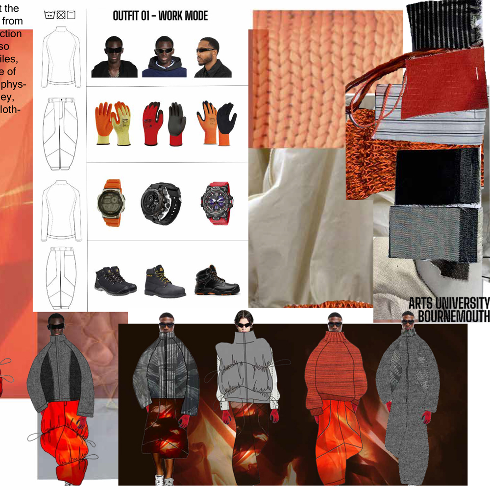 Fashion design mood board with safety gear, watches, boots, and fabric samples. Five grey and orange outfit sketches below.