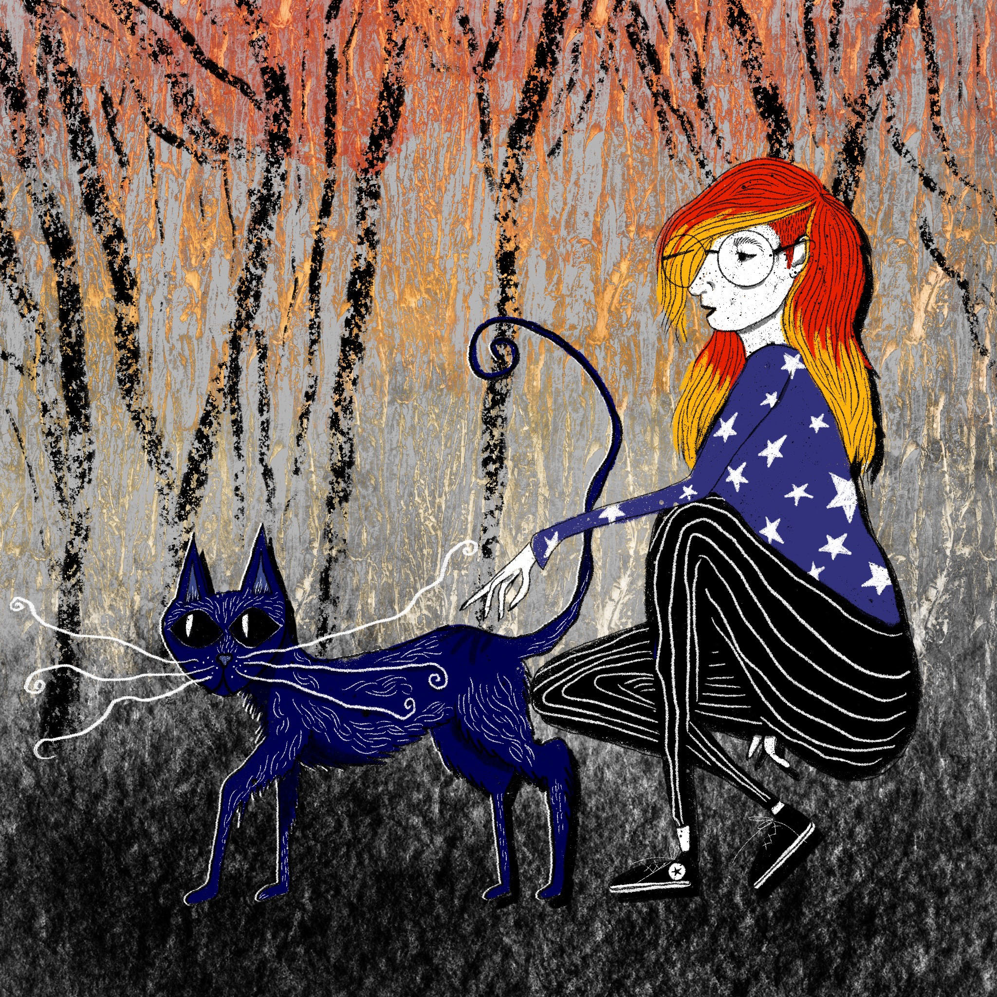 Illustration of artist Amanda Perrin crouching down next to a cat