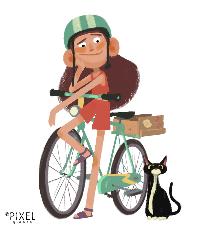 Illustration of a girl on a bicycle and their head in one hand. A cat is sitting next to the bicycle.
