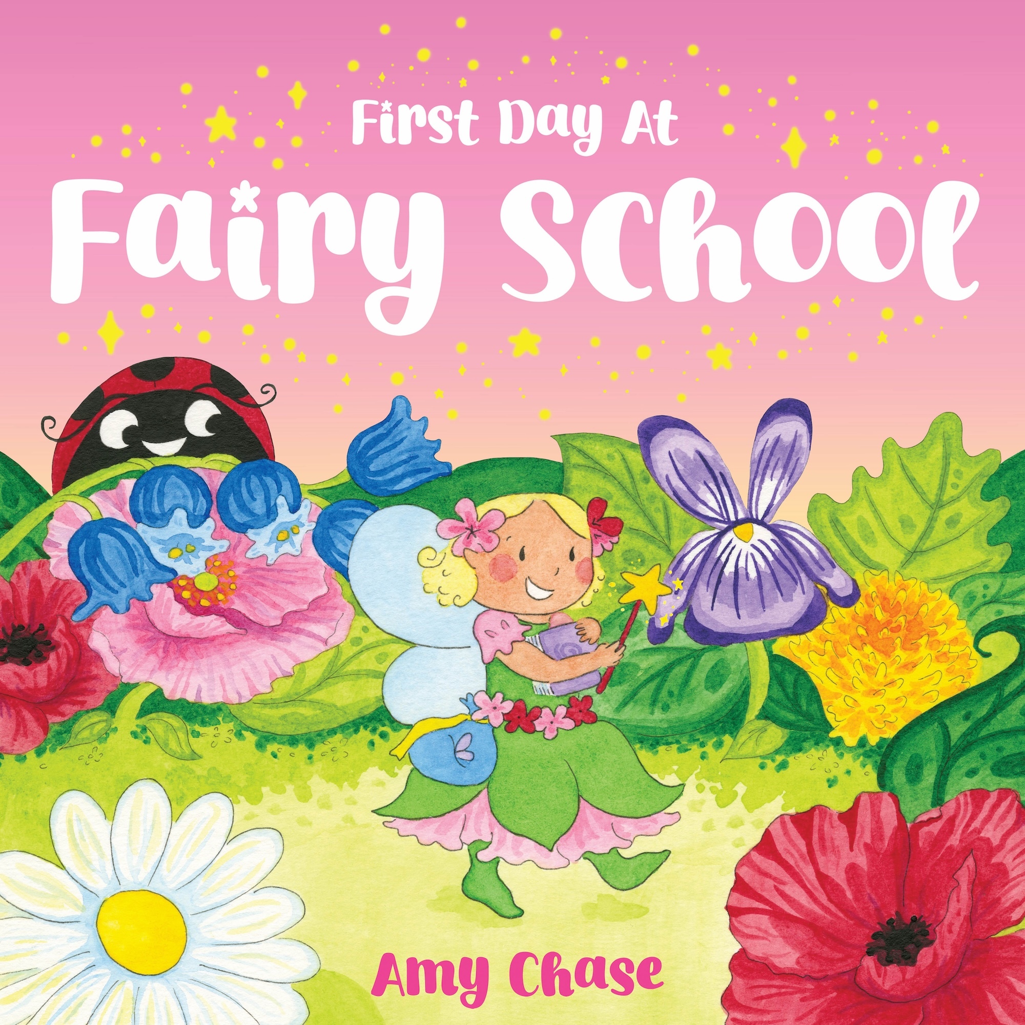 Children's book cover with pink background, white title text, yellow dots scattered throughout. Cartoon fairy with blonde hair and blue dress amongst colourful flowers.