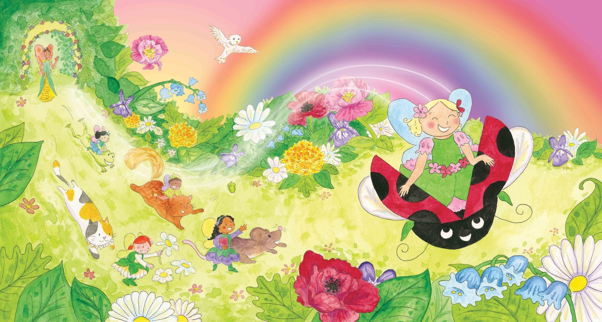 Colourful illustration with rainbow arcing across yellow-green background, large flowers in pink and blue, small cartoon characters, and black ladybird with red spots.