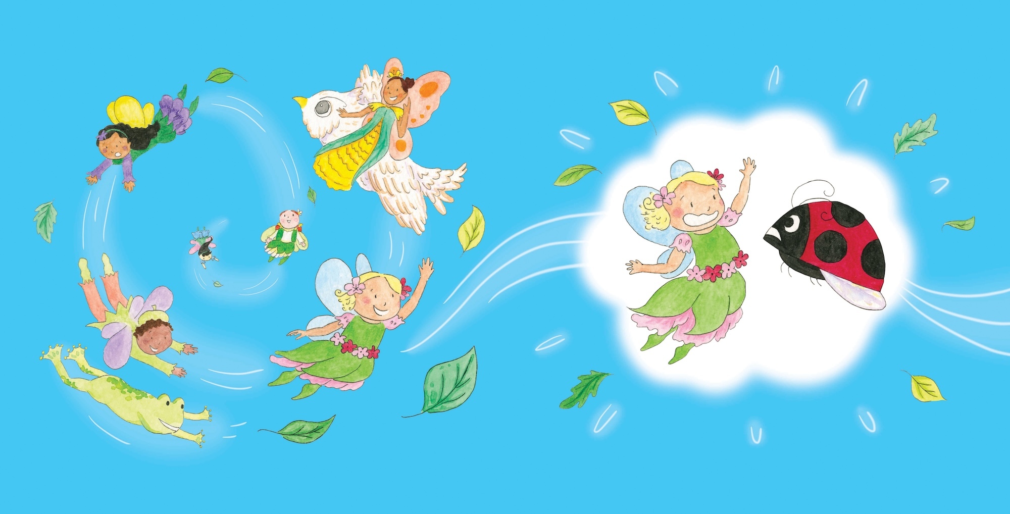 Illustration of cartoon fairies with colourful hair and wings flying through bright blue sky with green leaves and white clouds.