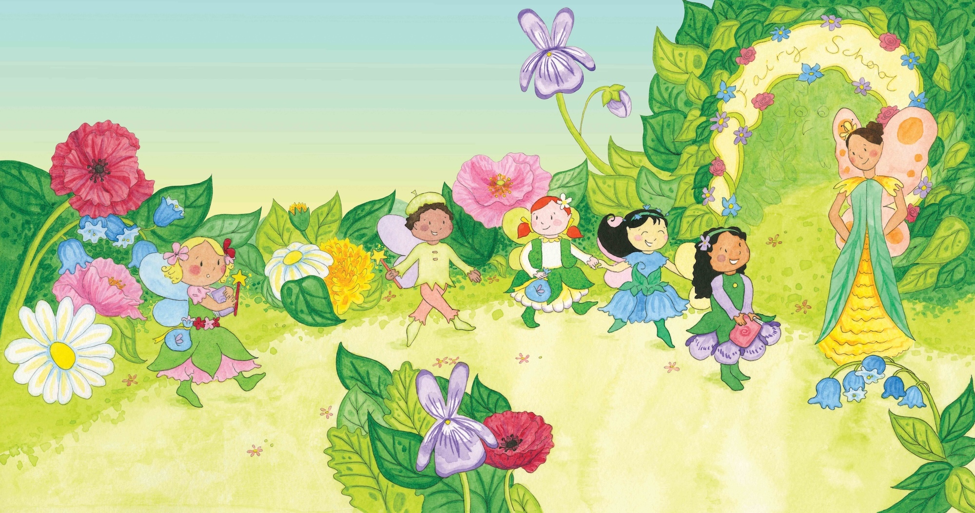 Colourful illustration with small children figures amongst oversized flowers and green foliage on yellow-green ground against pale blue sky.