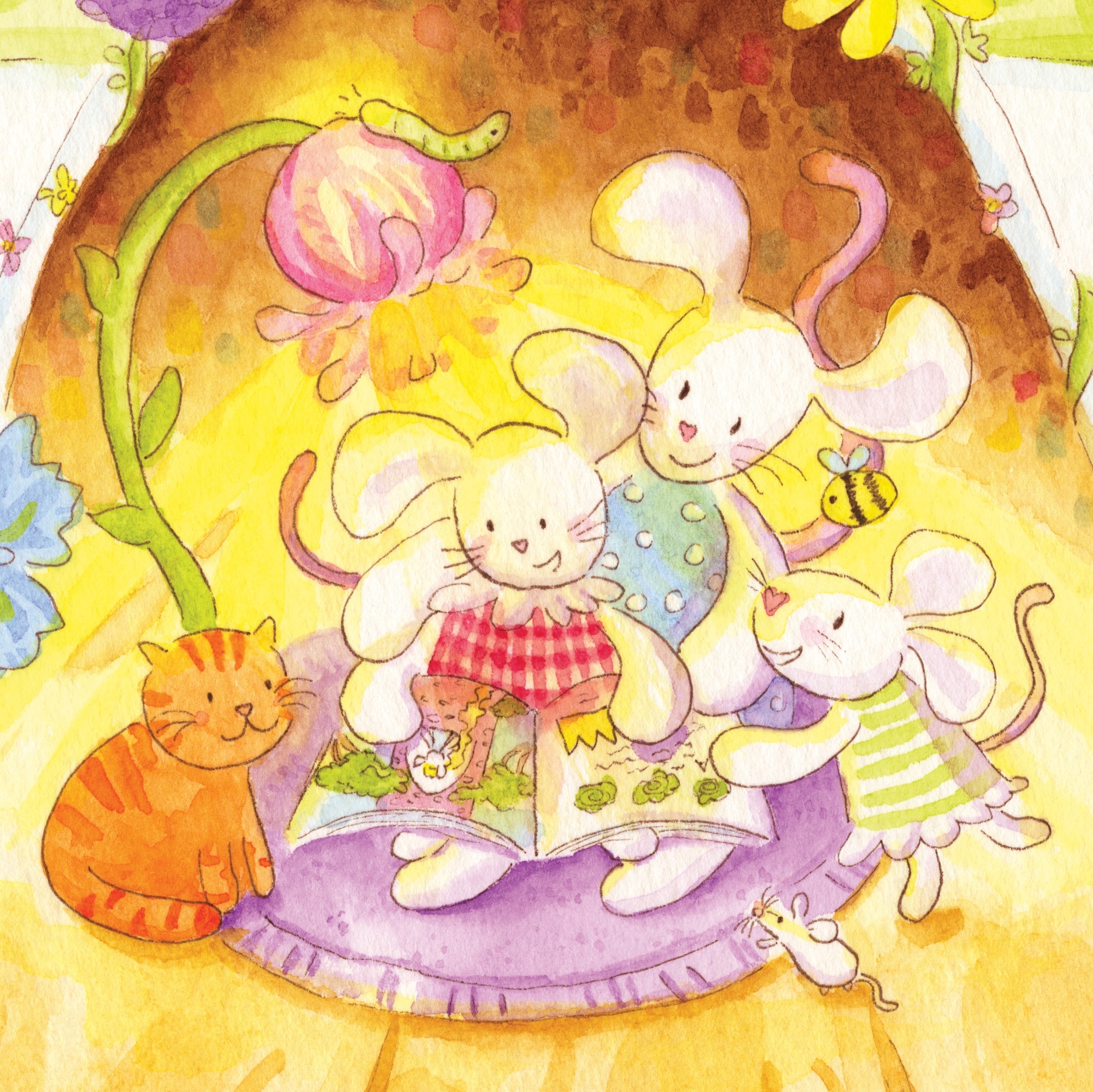 Watercolour illustration showing three white mice on purple circular mat with open book, orange tabby cat nearby, warm yellow background.
