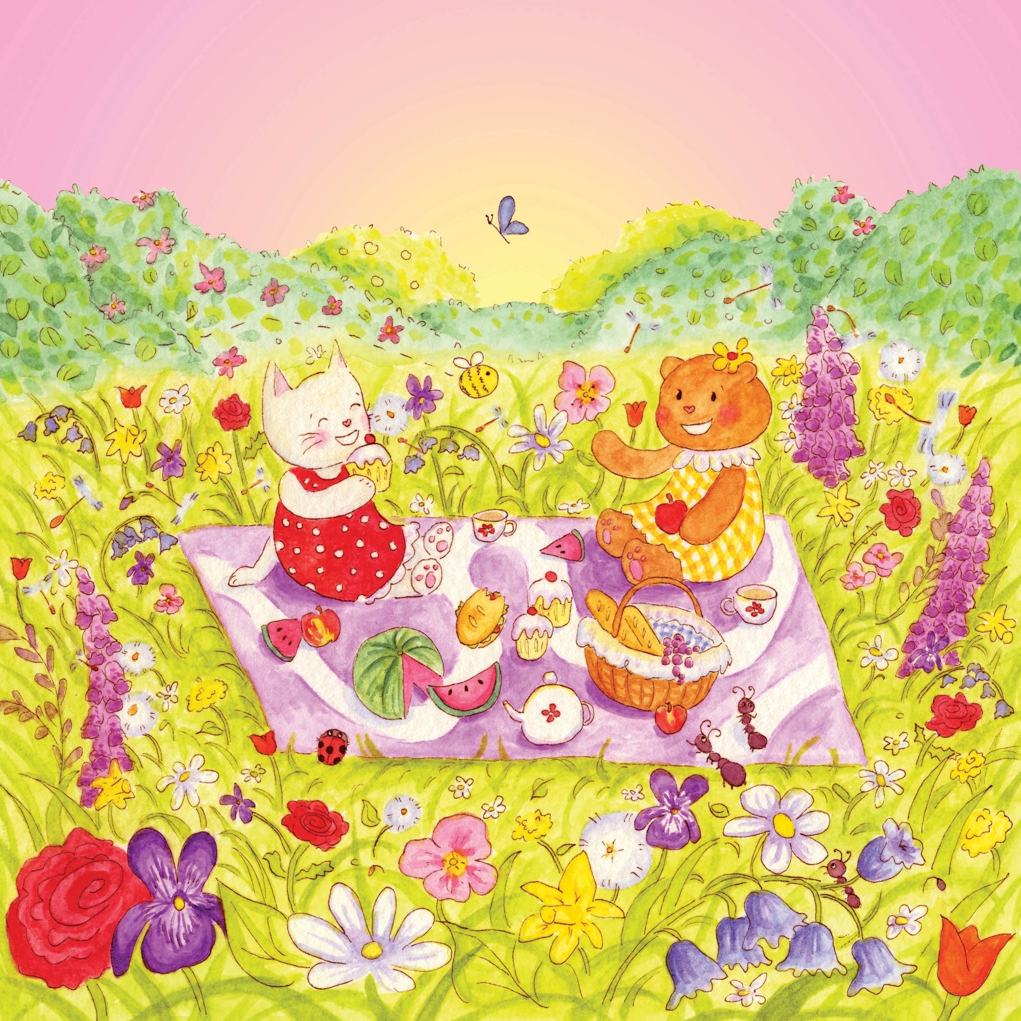 Illustration of blonde child in red polka dot dress and orange teddy bear having picnic on white blanket in green meadow with colourful flowers.