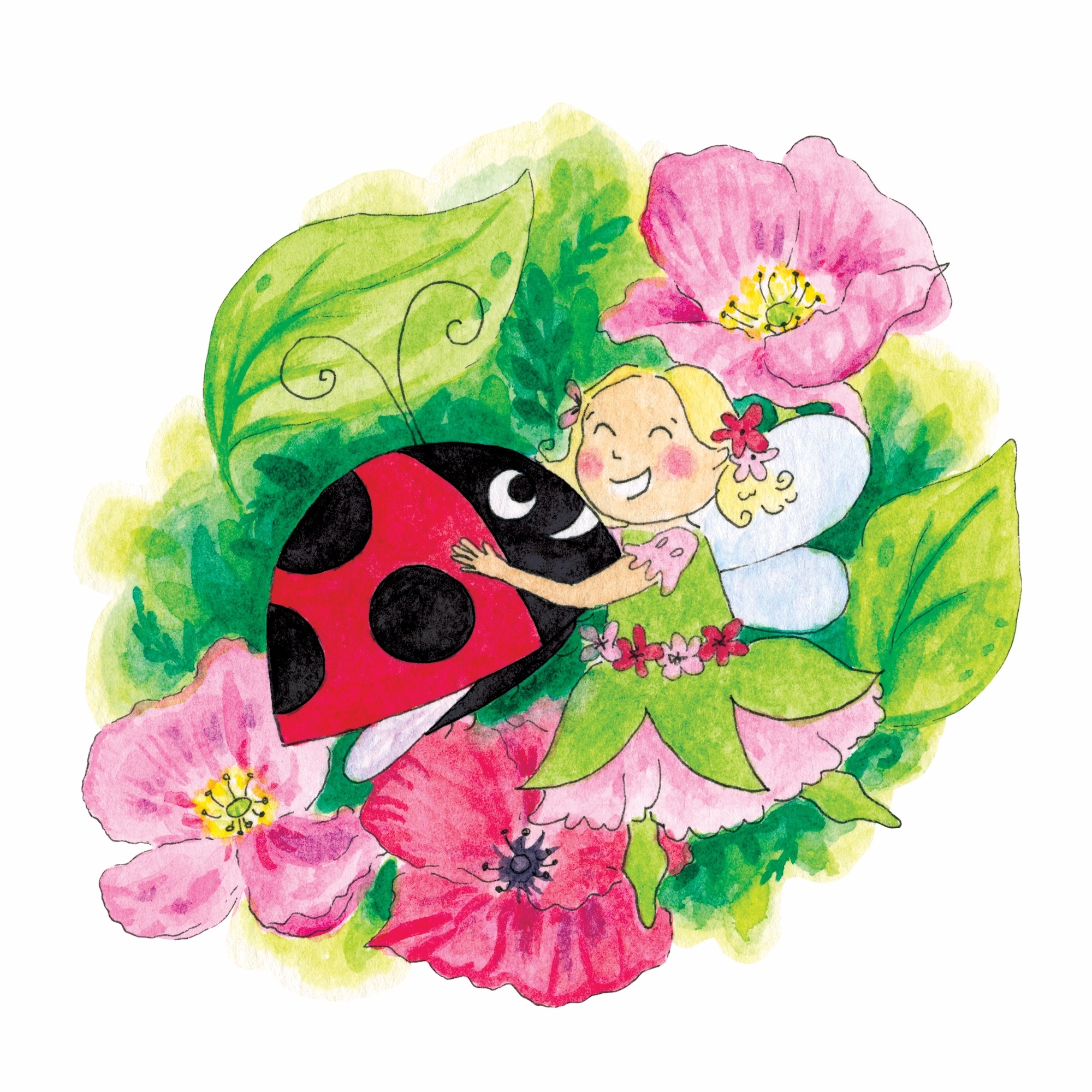 Watercolour illustration of small fairy with blonde hair riding red ladybird with black spots amongst pink flowers and green leaves.