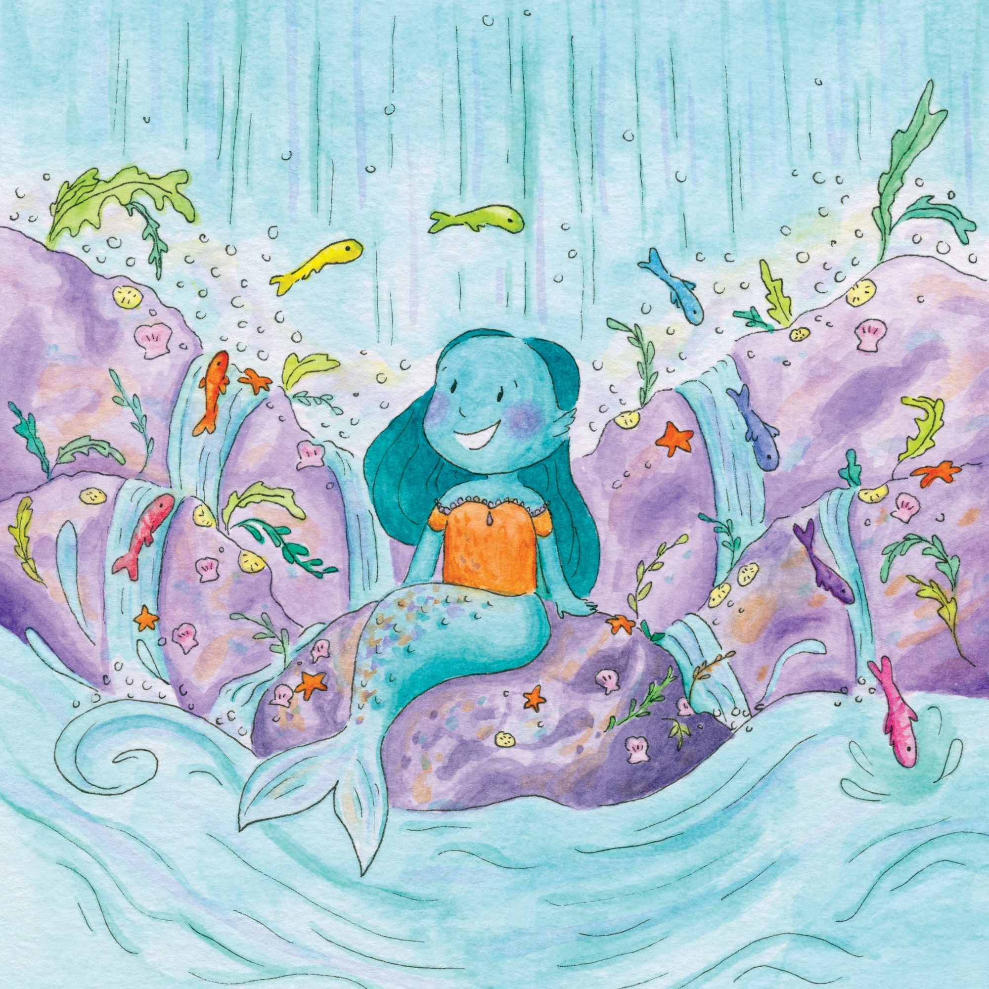 Watercolour illustration of teal mermaid with orange top sitting on purple coral reef, surrounded by small coloured fish and sea plants.