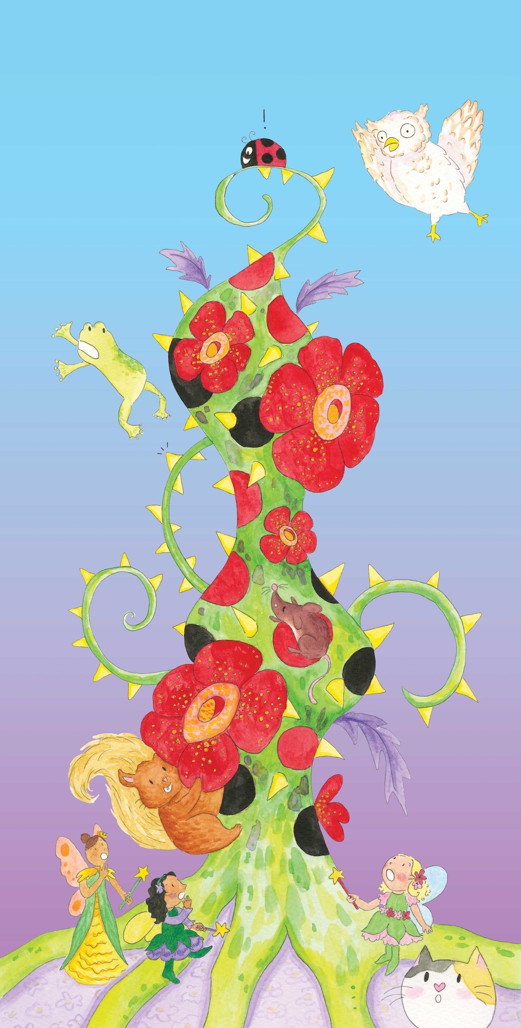 Illustration: large green thorny plant stalk with red flowers, surrounded by small colourful characters on blue-purple gradient background.