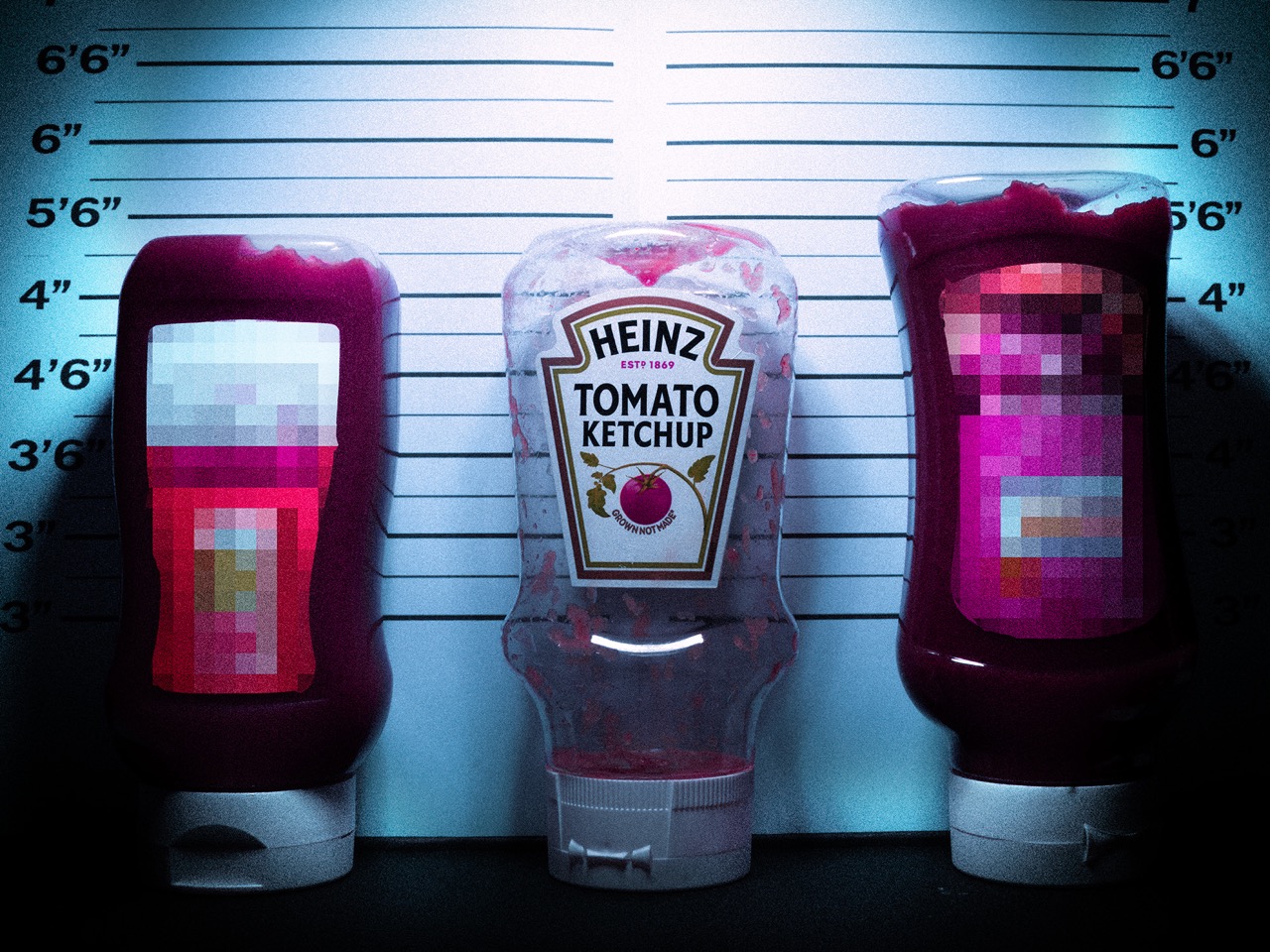 Three bottles of ketchup arranged in front of a height measurement chart. The central bottle is labelled 'Heinz Tomato Ketchup,' while the other two contain indistinct labels that are partially obscured. The scene is illuminated with dramatic lighting.