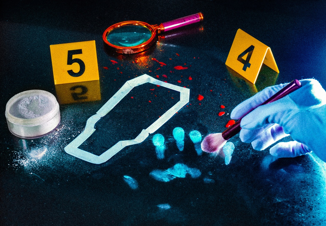 A glove-clad hand uses a brush to dust for fingerprints on a surface, showing a handprint and a chalk outline of a shape. Two yellow evidence markers, numbered 4 and 5, are positioned nearby, along with a magnifying glass and a container of powder.