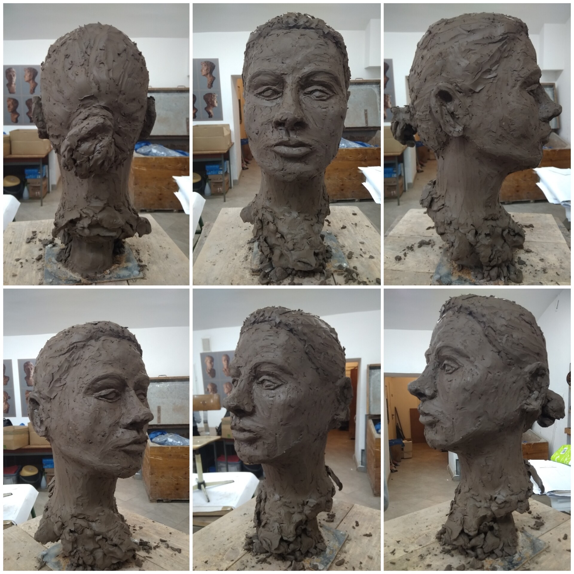 Six images of a clay model head.