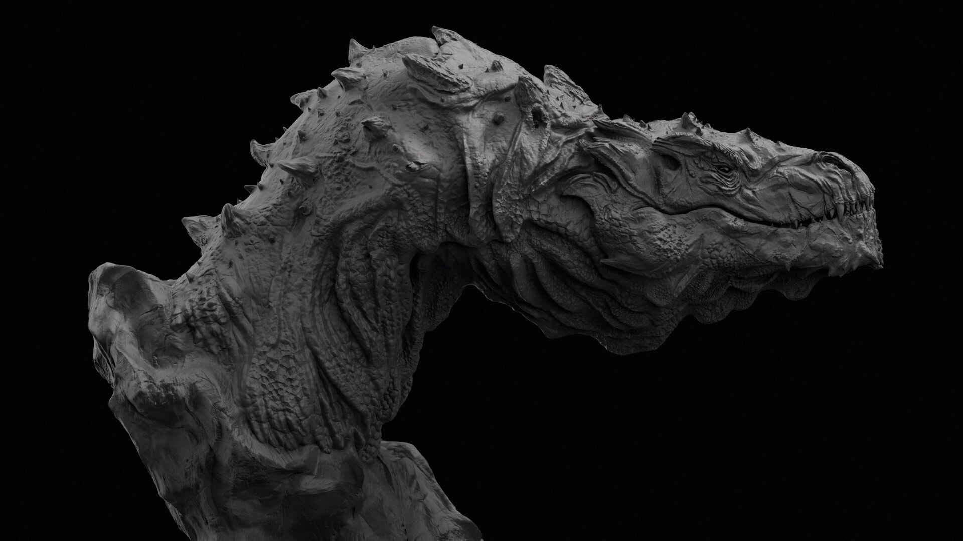 3D render of a grey dragon creature with spikes on a black background.