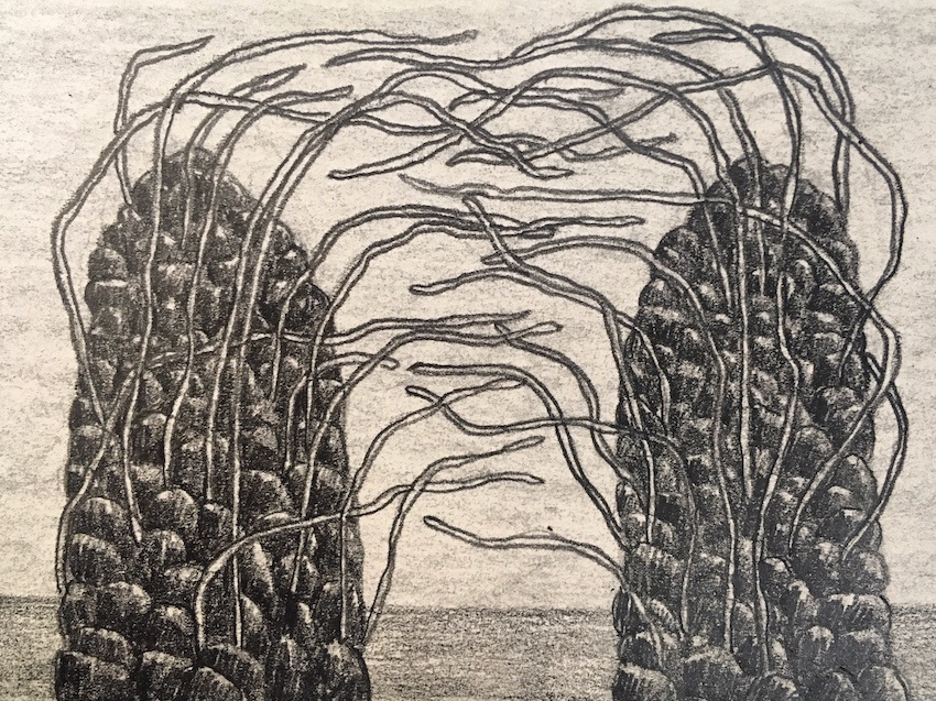 Illustration of two rock-like heaps with several snake-like objects coming out of both.