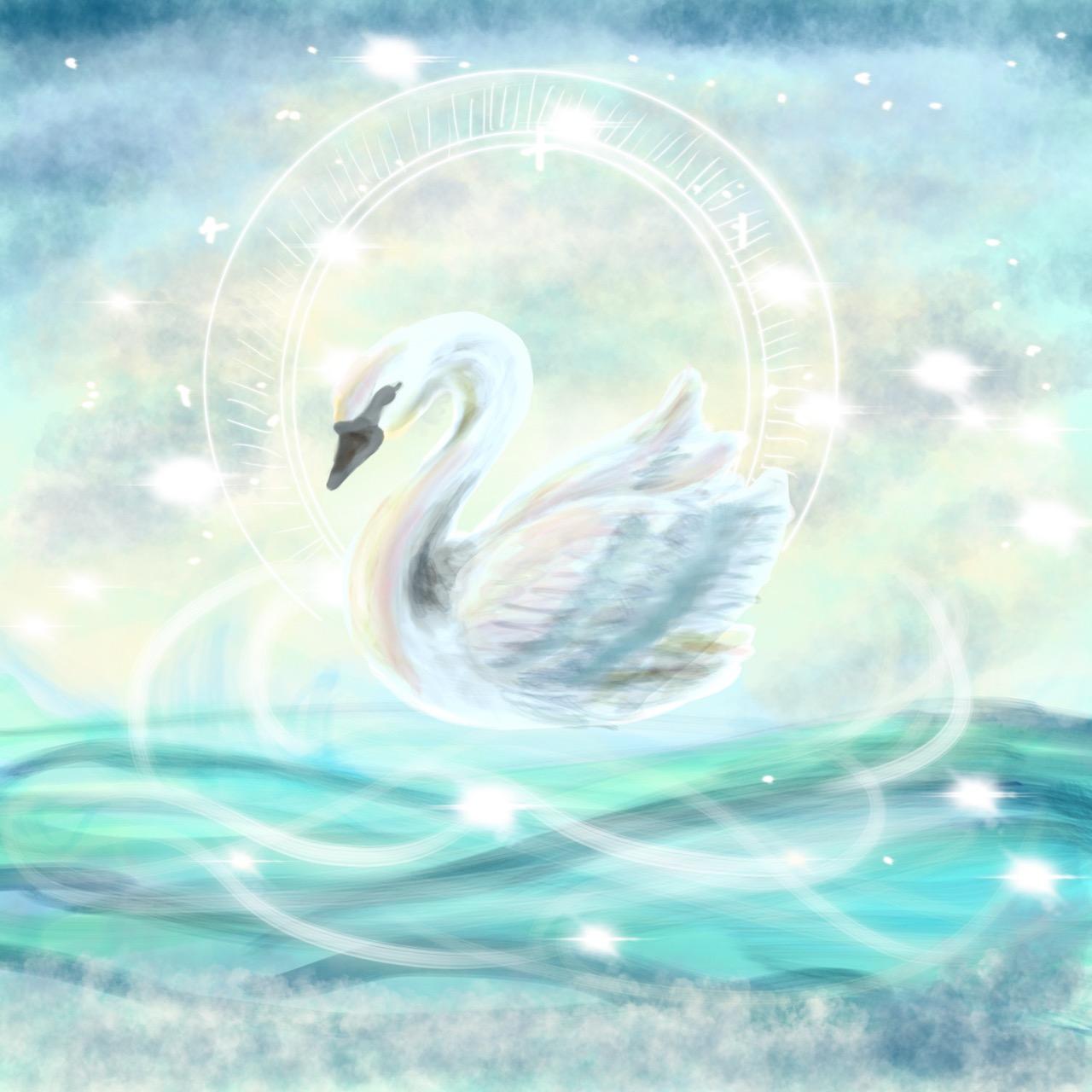 A white swan floats on turquoise water beneath a glowing circular halo, with a pastel sky and sparkling light effects in the background.