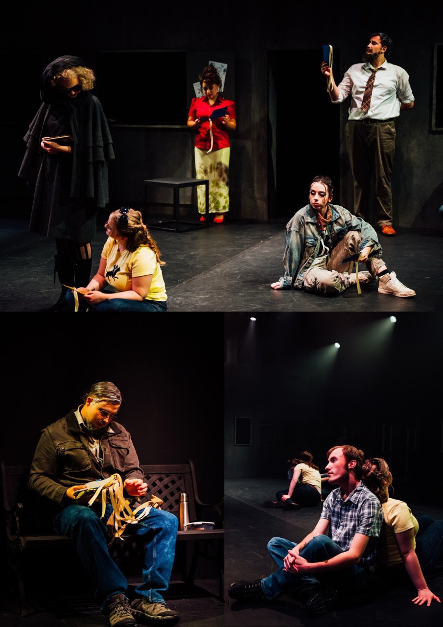 A collage of actors on a dark theatre stage, with several people in costume seated, standing, or posing under spotlights.