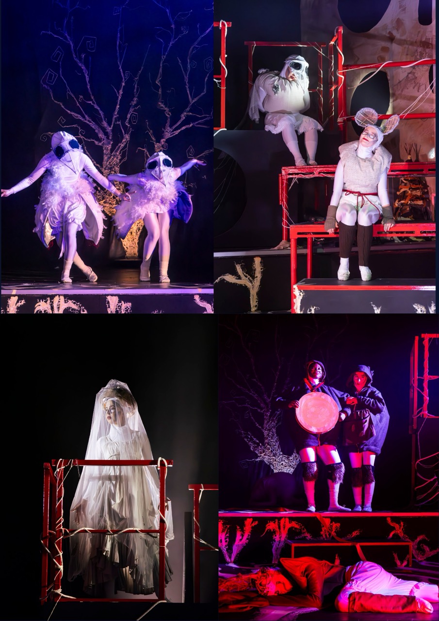 A collage of five stage scenes shows performers in white costumes and masks on red-framed sets, with bare tree props and dramatic coloured lighting.
