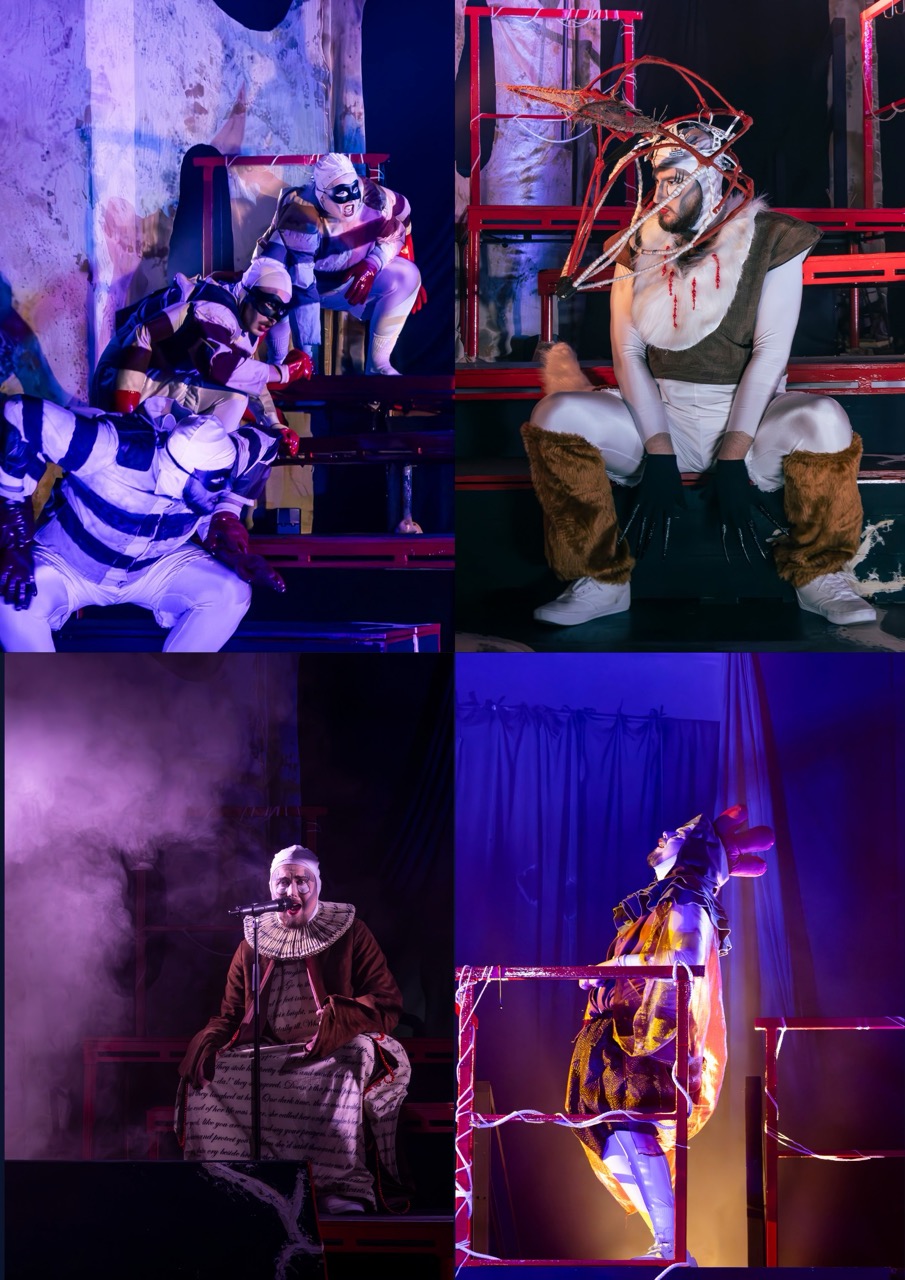 A four-panel collage shows performers in elaborate stage costumes and masks, with dramatic coloured lighting, smoke and metal framing in the background.