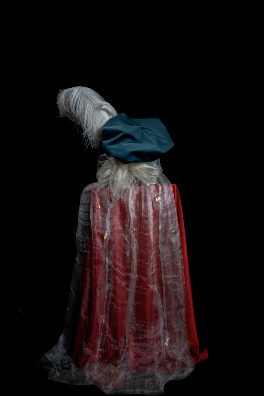 A person in a red costume with a clear plastic cape and white feathered headpiece stands against a black background.