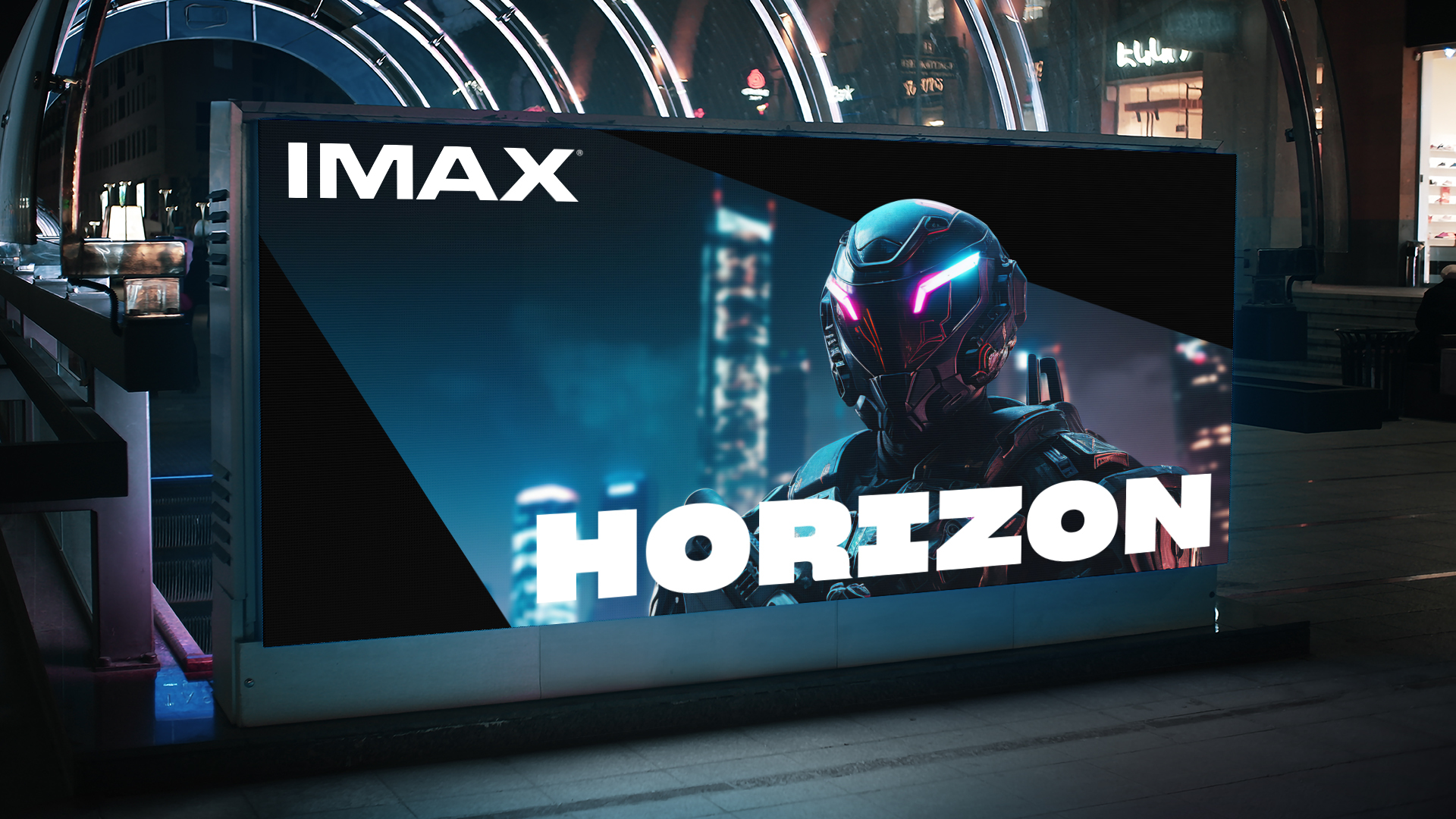 A horizontal screen showing a robot and a city in the background with the logo acting as a placeholder.