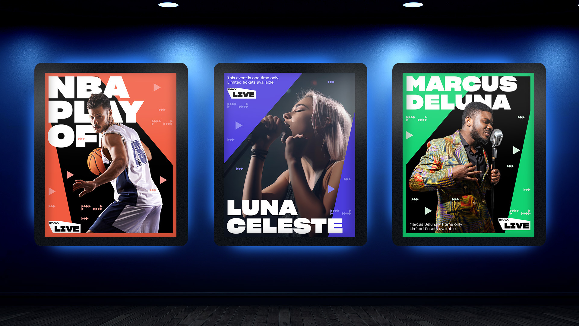 Three posters of the IMAX Live brand. The first one from the left is a basketball player. The second one is a female singer. The last one is a male singer.