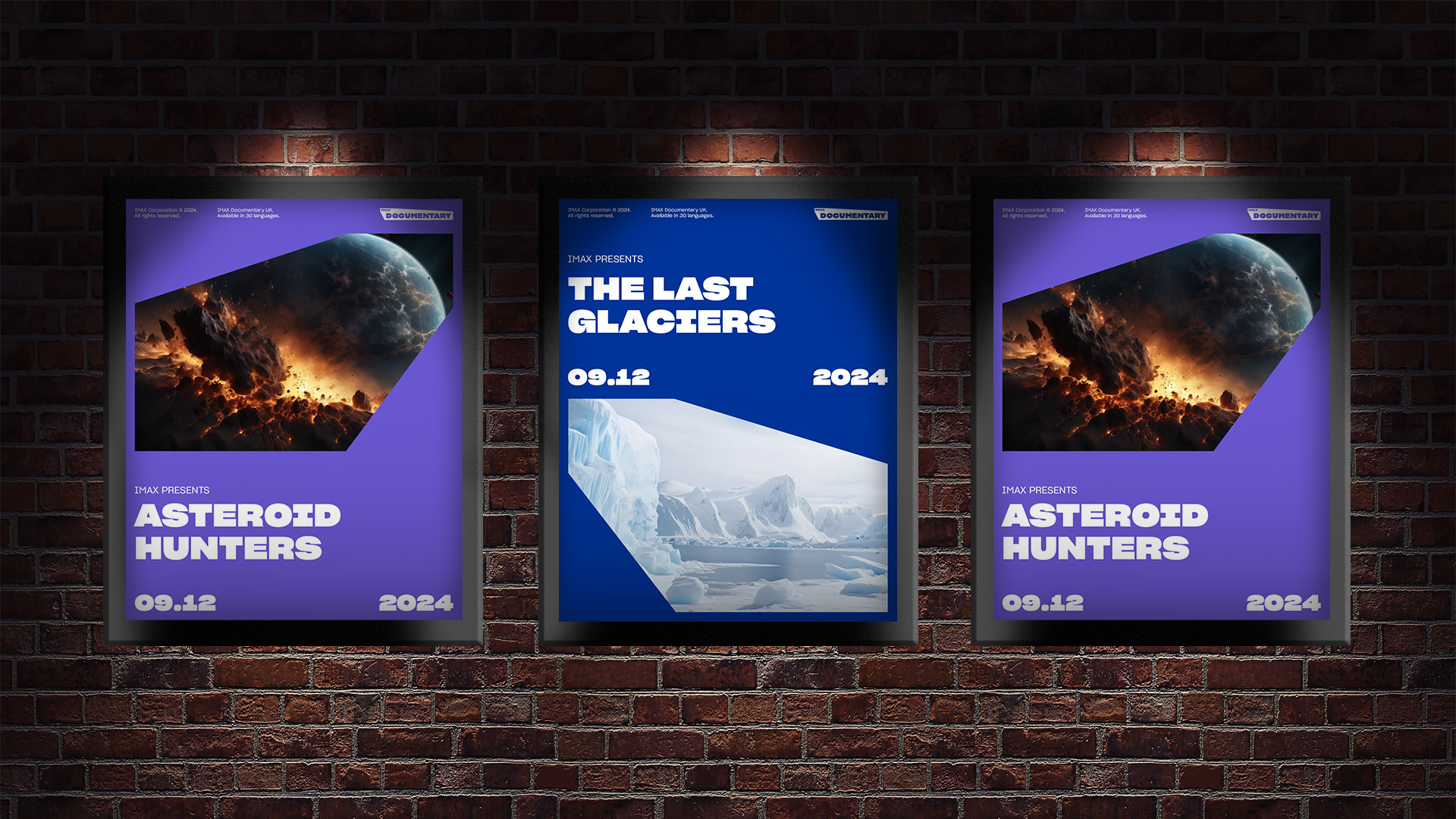 Three posters of the IMAX Frontier brand, including one for an asteroid hunters documentary and one for 'The Last Glaciers' documentary.