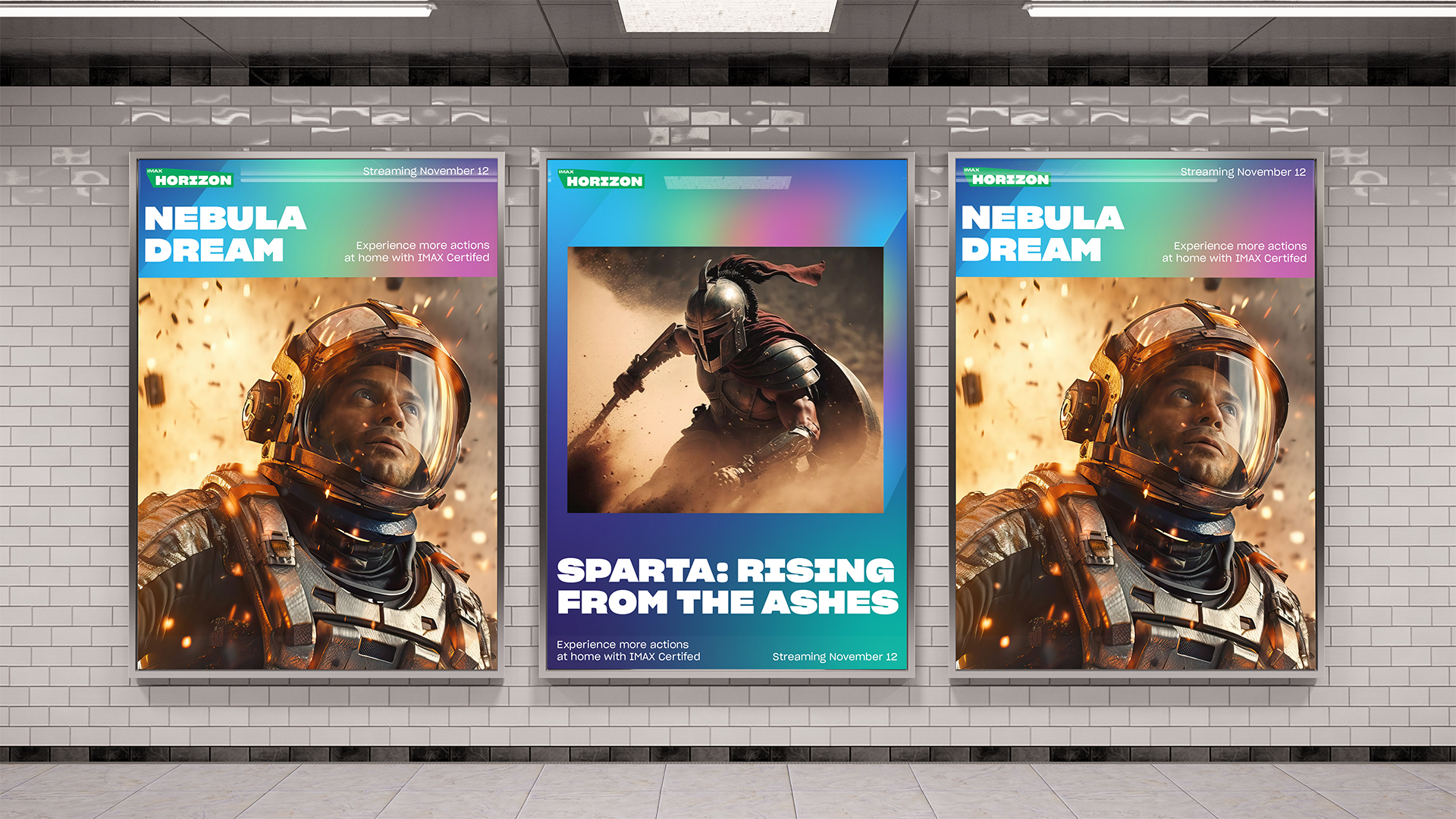 Three posters of the IMAX Horizon brand, including one for a space movie and one for a Sparta movie.