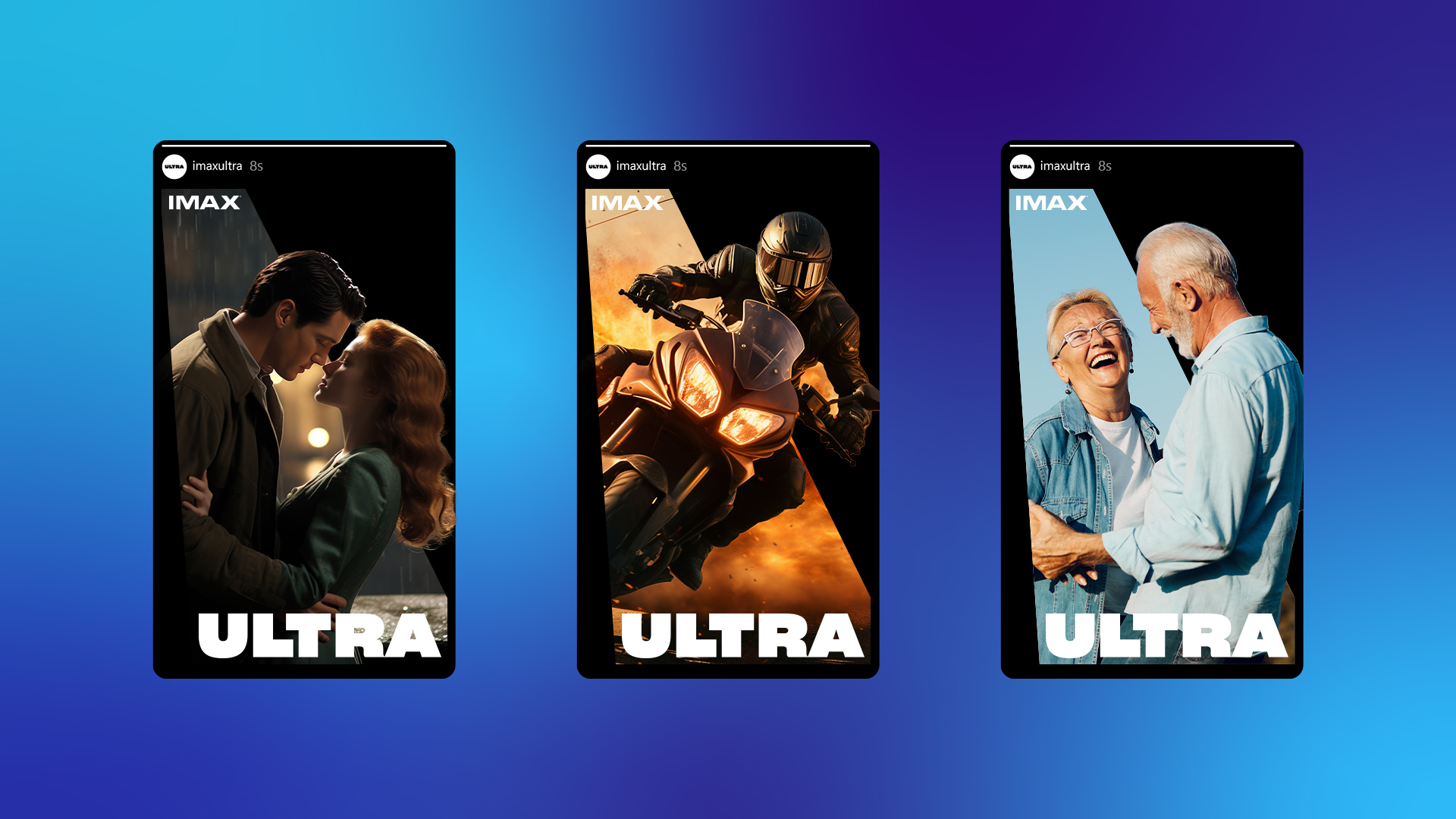 Three screenshots of three Instagram stories for the IMAX Ultra brand.