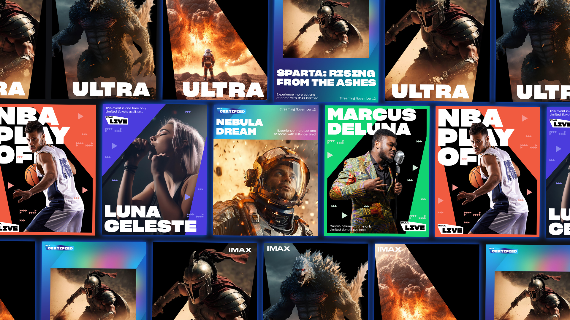 A collection of posters for 4 IMAX sub-brands: IMAX Live, IMAX Horizon, IMAX Ultra, IMAX Frontier.
