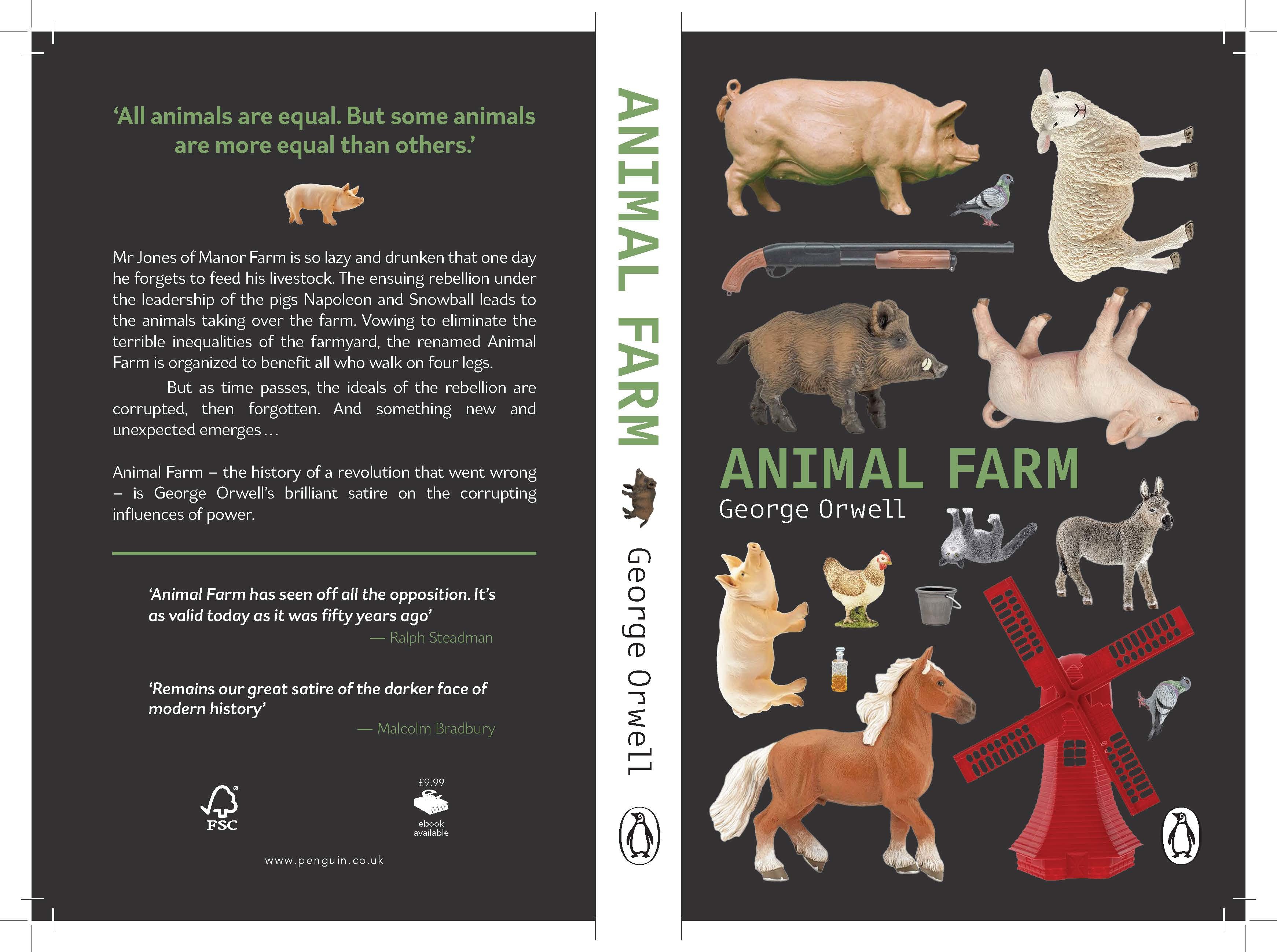 Animal Farm book cover with animals spaced out, brown background with spine and back cover blurb.