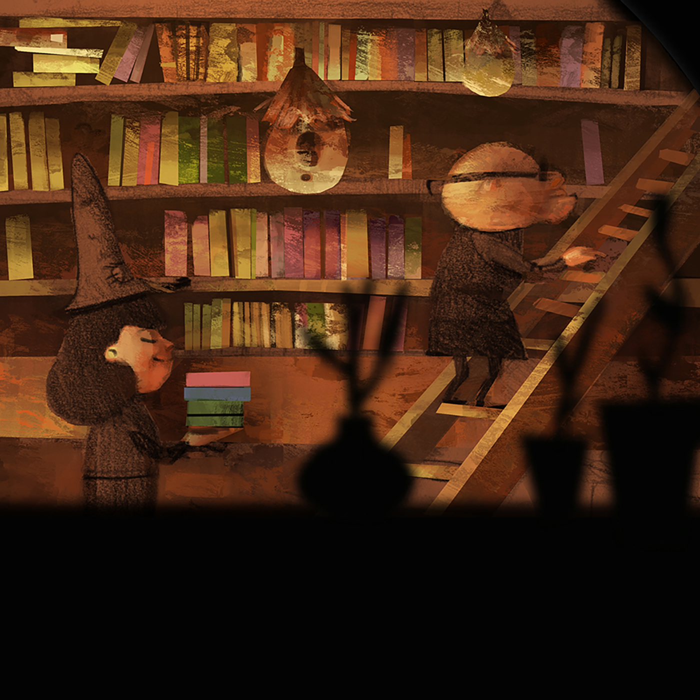 Illustration of a man walking up a ladder in a library while a witch stands smiling and holding a pile of books.