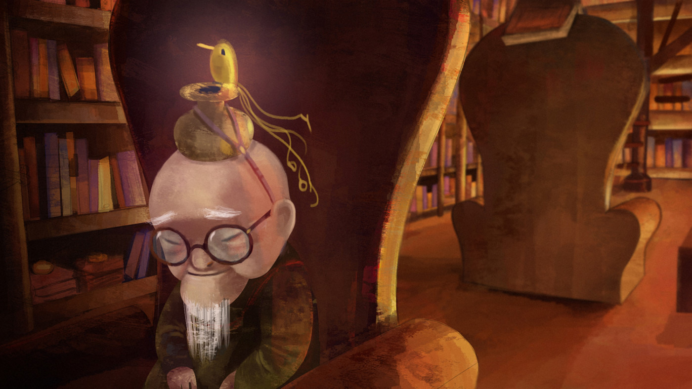 Illustration of a old man sitting in a library
