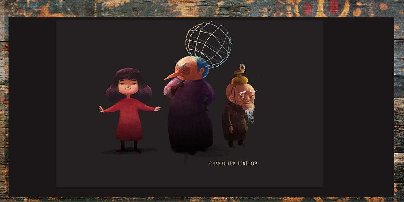 Three animated characters: a child, an older person in a thoughtful pose, and an old man with a small white beard.