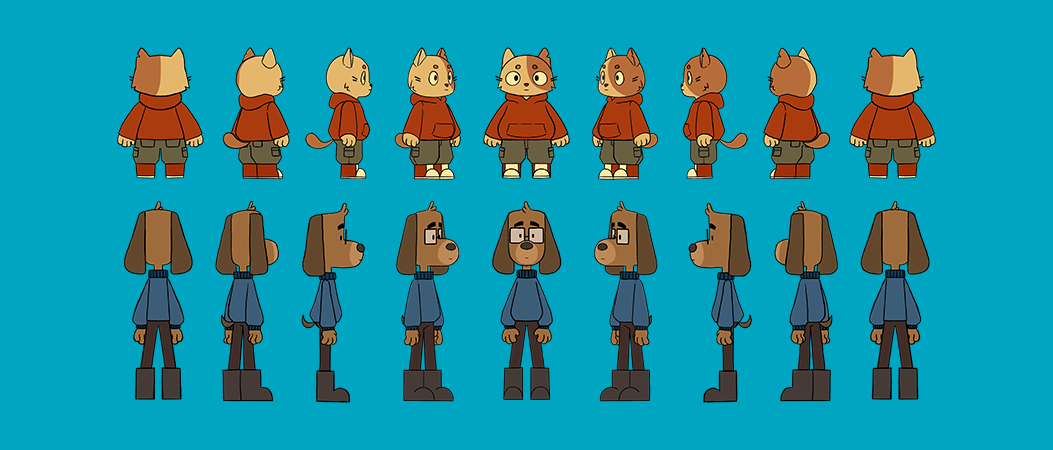 Banner showing various angles of animated cat and dog characters, on a blue background.