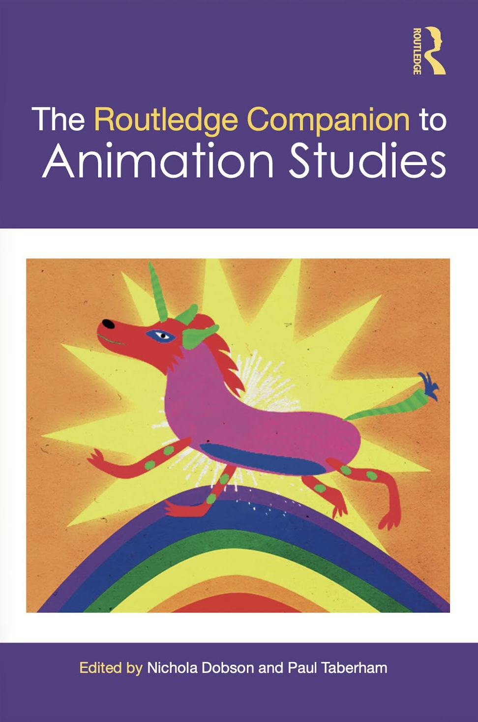 Purple book cover with a vibrant illustration of a multi-coloured animal on a rainbow-like hill. The book's title, "The Routledge Companion to Animation Studies" appears along the top.