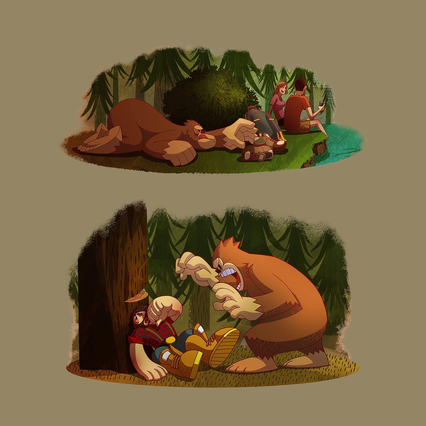 Two illustrations of a gorilla. Top image shows the gorilla trying to steal a backpack from a couple sitting by a lake. The bottom image shows the gorilla roaring at a lumberjack who is cowering by a tree.