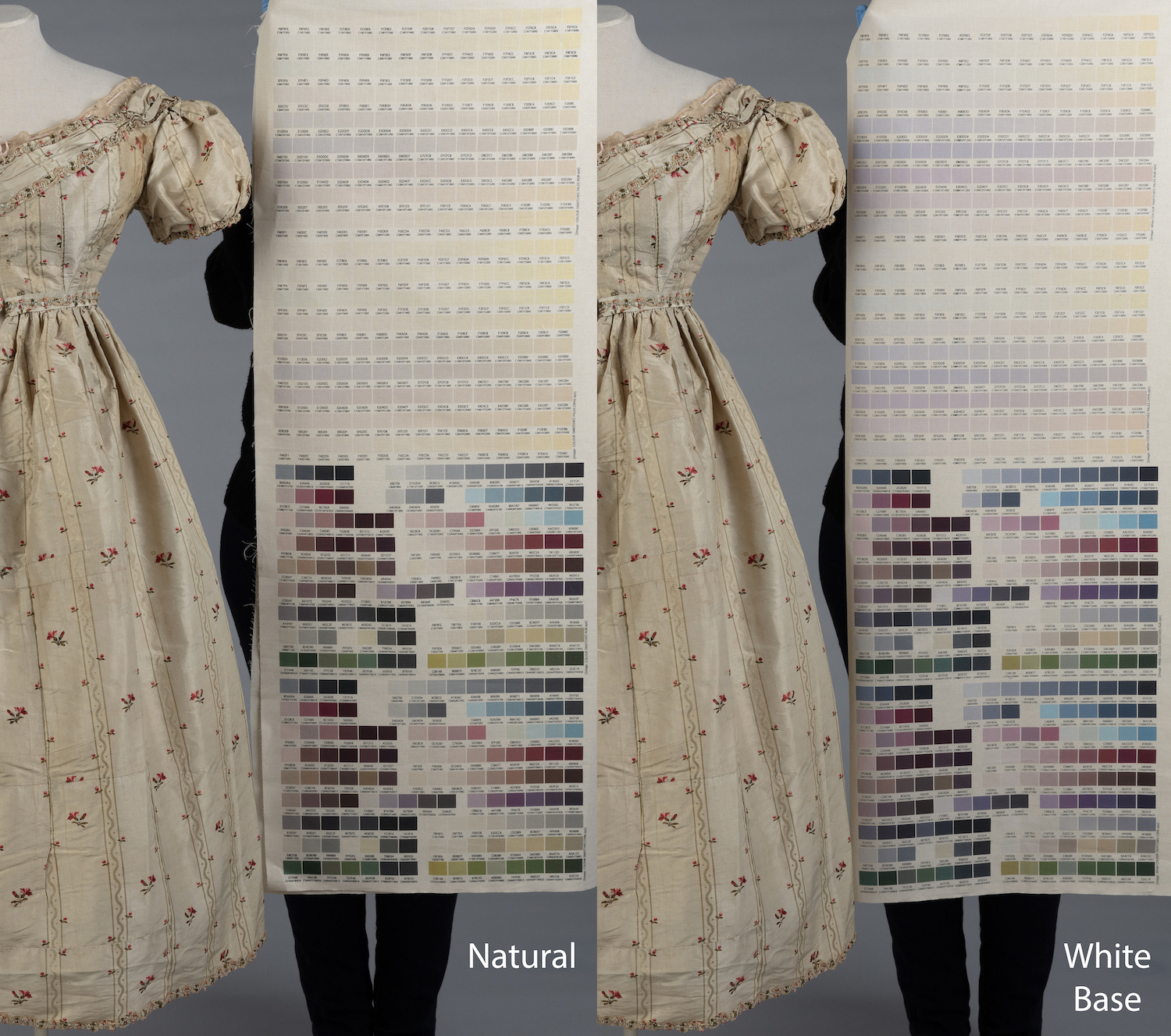 Two images of the same period-style dress and a person standing next to it holding a large colour chart in front of them. The word "Natural" appears in the bottom-right of the first image, the words "White Base" appears in the bottom-right of the second image.