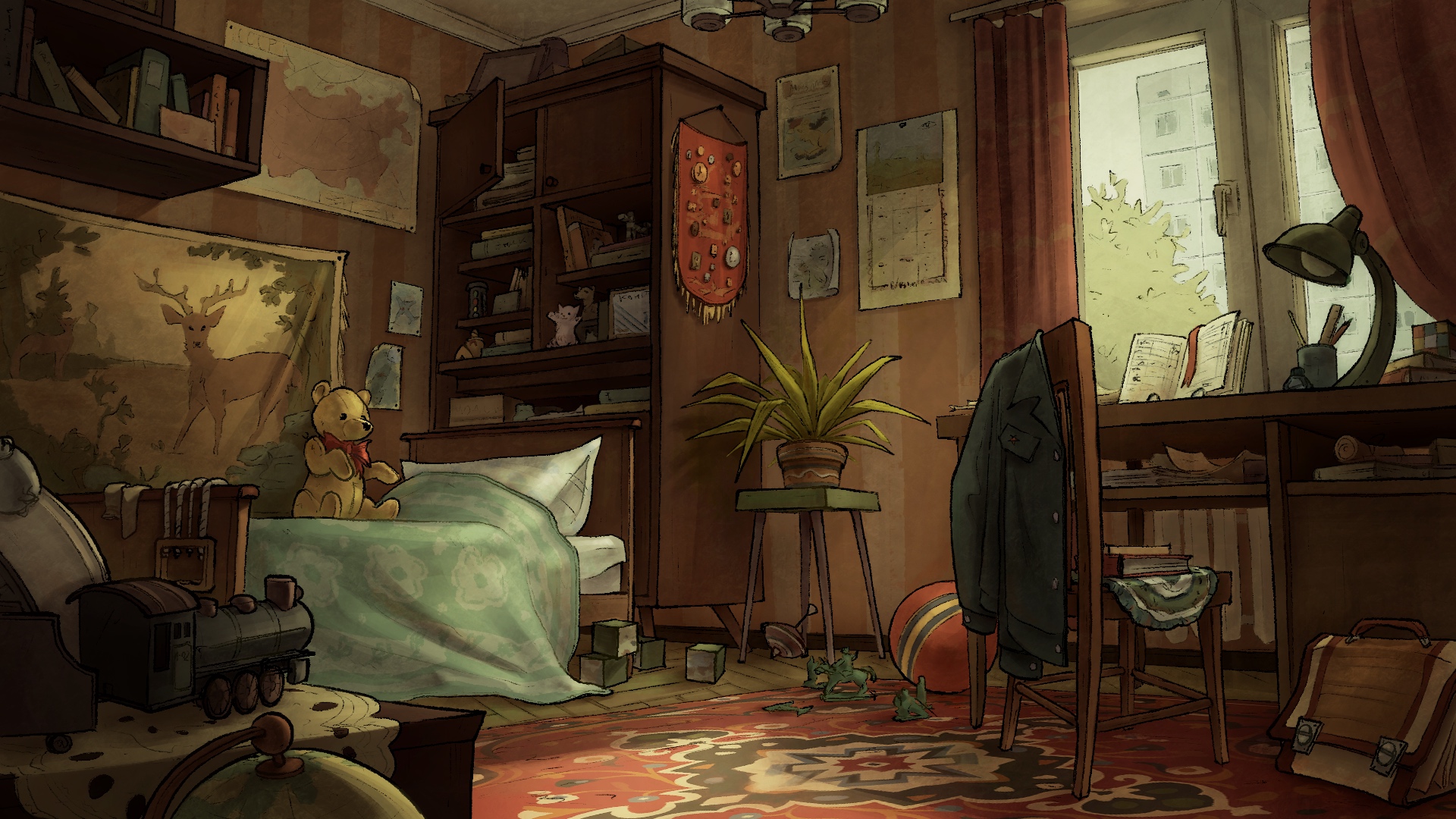 Illustration of a bedroom. A single bed with a teddy bear on it sits in front of a cabinet with various knick-knacks in it. Two posters hang on the wall. A desk and chair sit in front of a window.